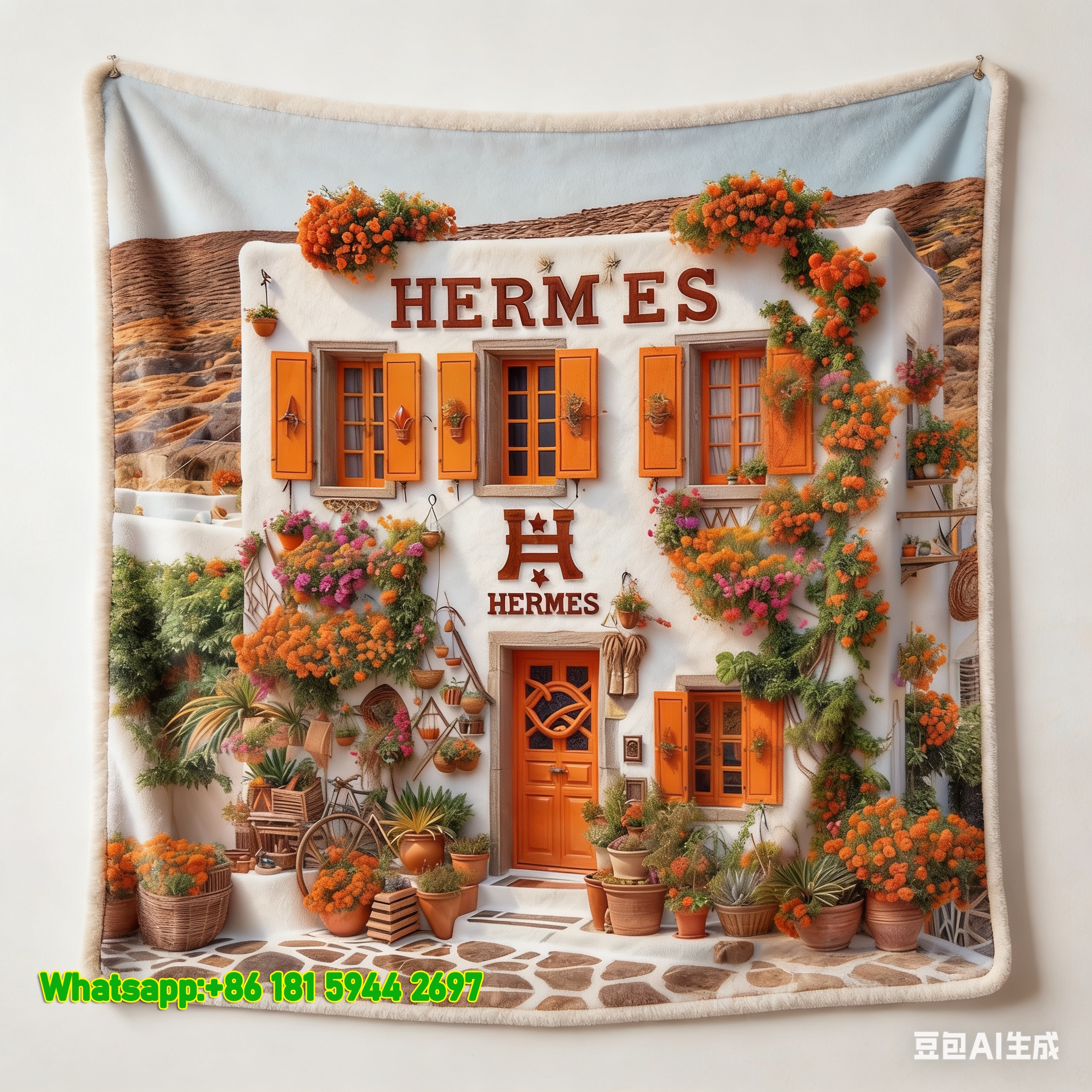 Luxury Hermès Santorini Orange Floral Villa Print Flannel Throw Blankets IMG_5188